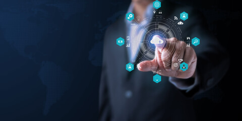 Businessman showing hologram, analyzing sales data and economic. Analysis strategy sale marketing economic data online network connection. Business finance and marketing digital technology concept.