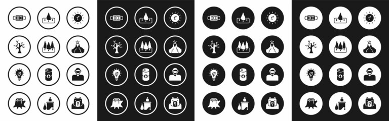 Set Sun, Forest, Withered tree, Medical protective mask, Volcano eruption with lava, Deforestation, Face in and Light bulb leaf icon. Vector