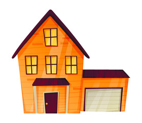 Vector isolated illustration of a cartoon house or cottage with light in the windows and a garage.