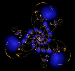 Abstract image. Fractal. 3D. Spiral decoration. Blue-gold texture on a black background. Graphic element for web design.