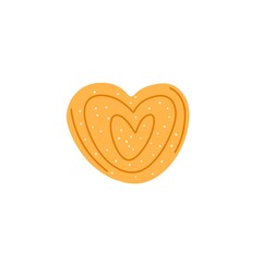 Puff pastry. Sweet heart-shaped dough roll. Baked bun dessert. Yummy bakery with sesame seeds and sugar sprinkles. Homemade food. Colored flat graphic vector illustration isolated on white background