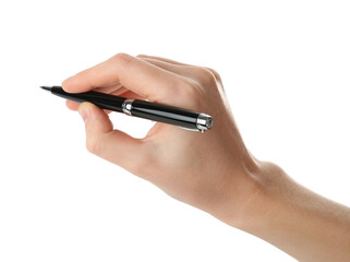 Woman holding pen on white background, closeup
