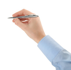 Woman holding pen on white background, closeup