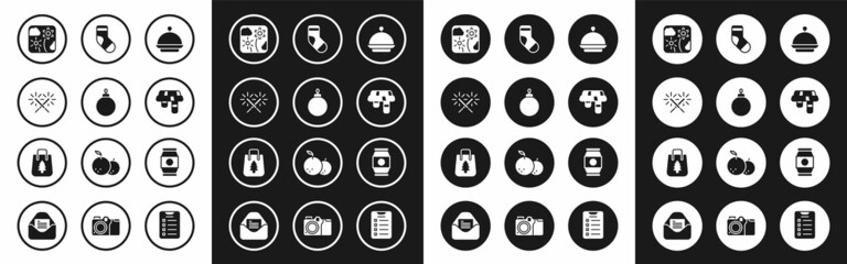 Set Christmas covered with tray, ball, Sparkler firework, Firework rocket, Winter scarf, stocking, Beer can and shopping bag icon. Vector