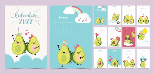 2022 table calendar week start on Sunday with avocado that use for vertical digital and printable A4 A5 size