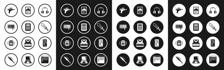 Set Headphones, Calculator, Certificate template, Ray gun, Sword for game, Card, Computer and School backpack icon. Vector