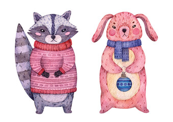 Watercolor christmas animals. Cute illustration of winter raccoon wearing sweater and rabbit in scarf. Hand drawn illustration isolated on white background.
