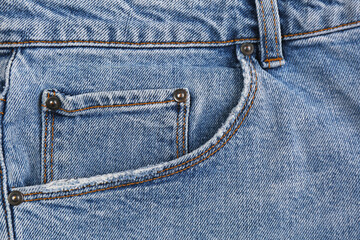 Light blue jeans with inset pocket as background, closeup