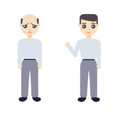 Male cartoon character vector illustration with hair loss problem. Young man after alopecia treatment. Health problem concept.