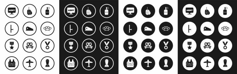 Set Hand grenade, Military beret, Police rubber baton, army, Brass knuckles, dog tag, reward medal and icon. Vector