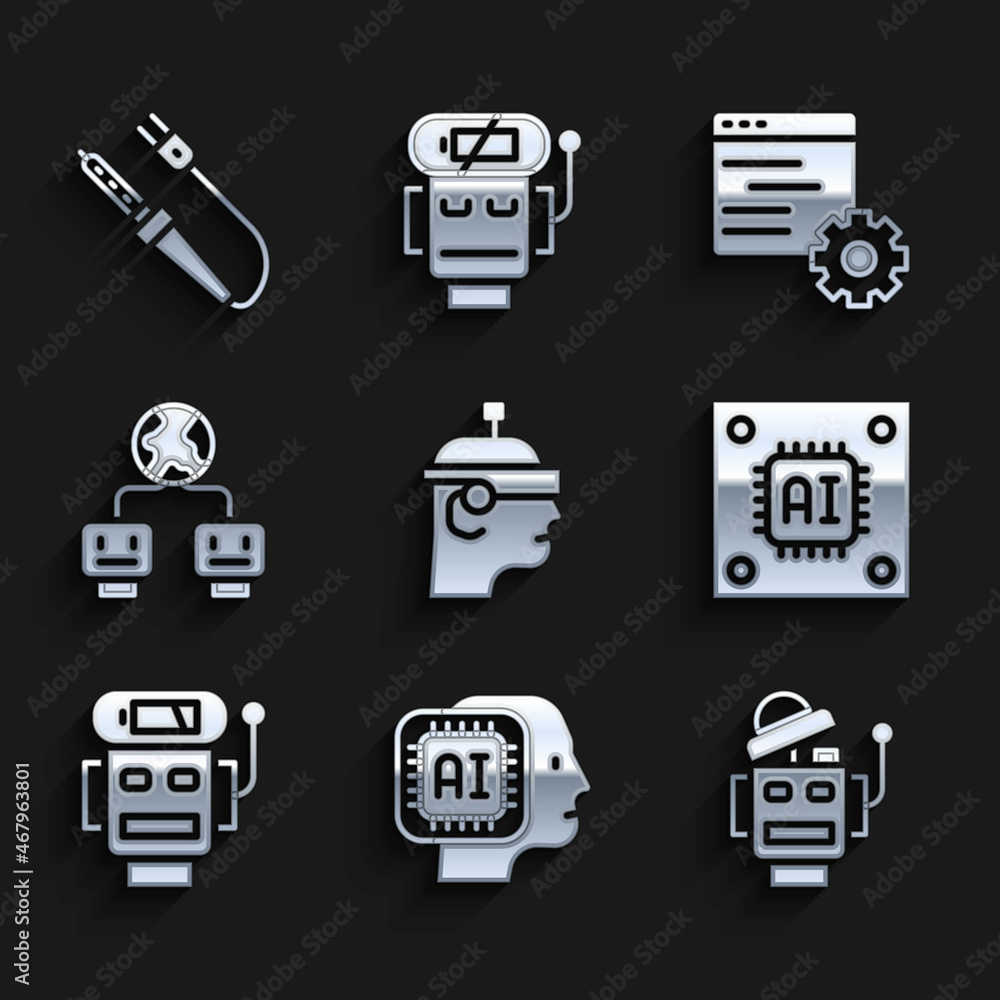 Poster set smart glasses, humanoid robot, robot, processor with microcircuits cpu, low battery charge, arti