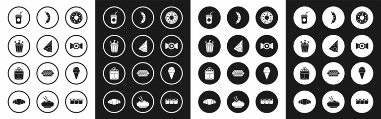 Set Donut, Slice of pizza, Chicken leg in package box, Paper glass with straw, Candy, Hotdog, Ice cream waffle cone and Noodles icon. Vector