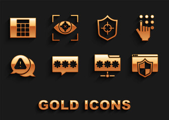 Set Password protection, Browser with shield, Folder password, Exclamation mark in triangle, Shield, and Eye scan icon. Vector