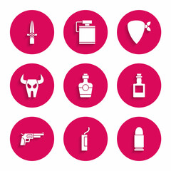 Set Tequila bottle, Dynamite bomb, Bullet, Revolver gun, Buffalo skull, Cowboy bandana and Dagger icon. Vector