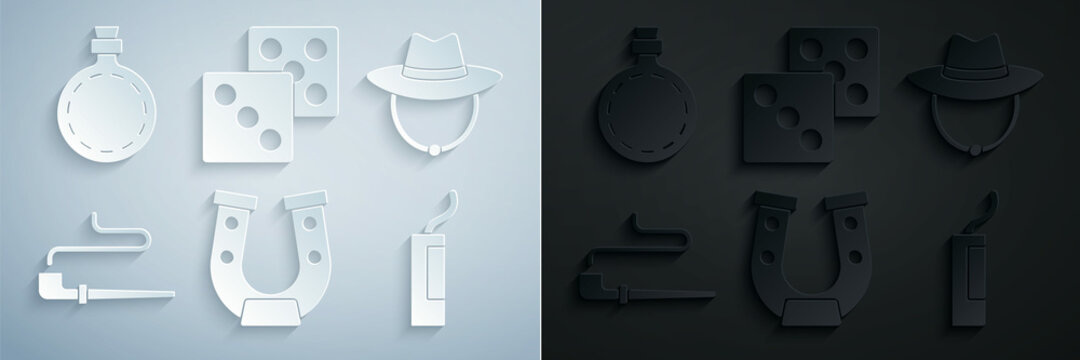 Set Horseshoe, Western Cowboy Hat, Smoking Pipe, Dynamite Bomb, Game Dice And Canteen Water Bottle Icon. Vector