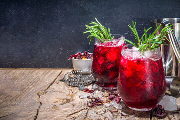 Cold autumn winter hibiscus cocktail with rosemary and crushed ice, copy space © ricka_kinamoto