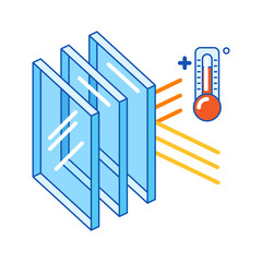 Keeping warm temperature inside house with glass layers. Cross section double glazed window. Infographics showing properties.