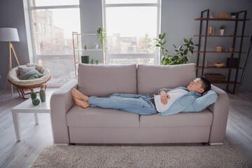 Dreamy inspired sleepy guy lay couch enjoy relax carefree chill day nap indoors
