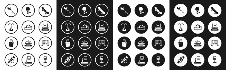 Set Skateboard trick, Ferris wheel, Street light, Kite, Bungee, Racket and ball, Double swing and Sand bucket icon. Vector