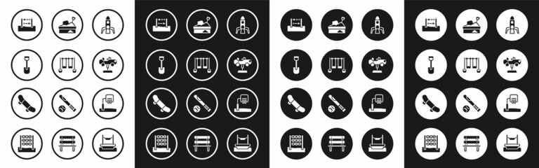 Fototapeta premium Set Rocket ship, Double swing, Shovel toy, Abacus, Swing car, Sandbox with sand, Basketball backboard and Skateboard trick icon. Vector
