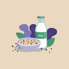 Food illustration. Tasty and healthy breakfast. Porridge with berries and milk. Vegetation, leaves for decoration.