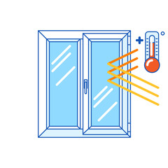 Keeping warm temperature inside house with double glazed window. PVC plastic profile. Infographics showing properties.