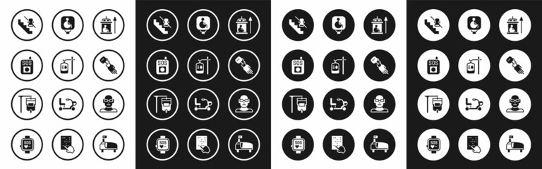 Set Elevator for disabled, IV bag, Press the SOS button, Disabled elevator, Prosthesis hand, wheelchair, Poor eyesight and icon. Vector