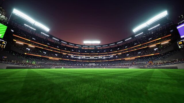 empty stadium arena with animated fans crowd in the night lights. waving flags around. High quality 4k footage render