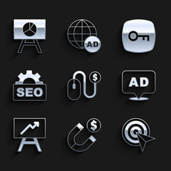Fototapeta premium Set Advertising, Magnet with money, Target, Board graph chart, SEO optimization, Key and icon. Vector