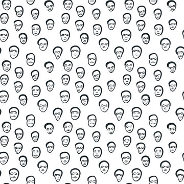 Simple black ink smiling faces arranged as seamless pattern of 14 elements based on scanned images painted in few brush storkes.