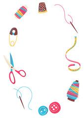 Frame with needlework sewing items. Handicraft and hand made. Feminine creativity hobby and shopping.