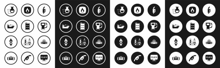 Set Gasoline pump nozzle, Barrel oil, Oil tanker ship, petrol test tube, Petrol or gas station, Fire flame, Metallic pipes and valve and rig with fire icon. Vector