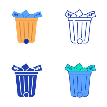 Waste of money icon set in flat and line style
