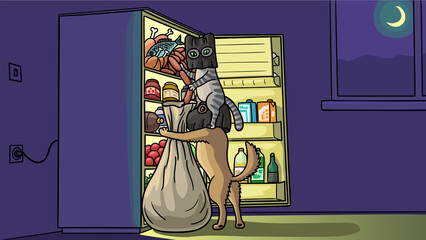 A cat and a dog steal sausages from the refrigerator at night.
