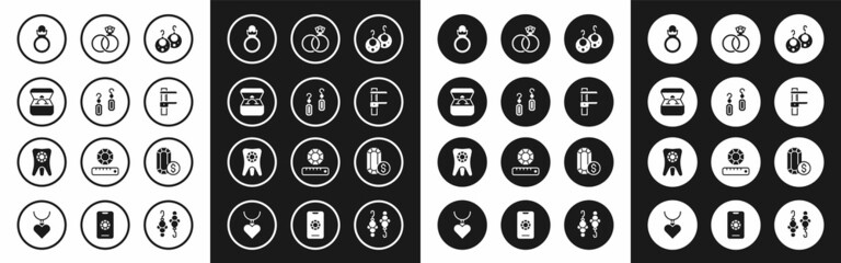 Set Earrings, Diamond engagement box, Calliper or caliper and scale, Wedding, Jewelry online shopping and Tooth with diamond icon. Vector