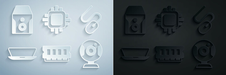 Fototapeta premium Set RAM, random access memory, Computer mouse, Laptop, Web camera, Processor with CPU and Uninterruptible power supply icon. Vector