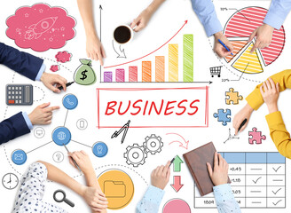 Discussing business process. People and different illustrations on white background, top view