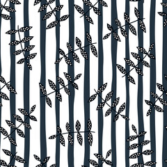 Black branch seamless pattern on stripe background. Scandinavian floral ornament. Simple botanical backdrop. © smth.design