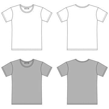 Set Of Blank T Shirt Outline Sketch. Apparel T-shirt CAD Design. Isolated Technical Fashion Illustration