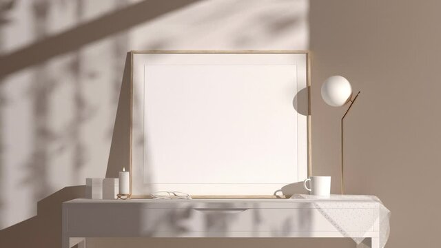 Blank wood a5 frame mockup interior background, looped motion