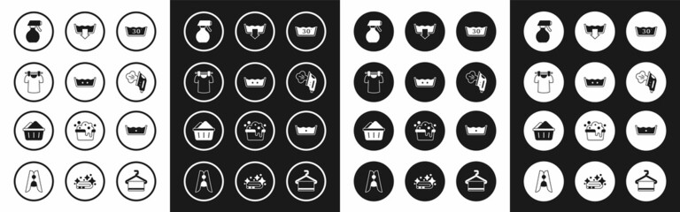 Set Temperature wash, Drying clothes, Water spray bottle, Electric iron, Washing modes, and Basin with soap suds icon. Vector
