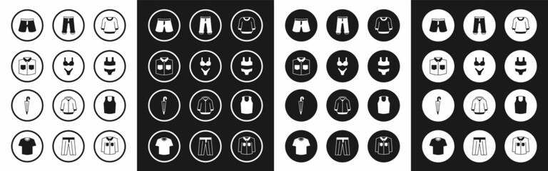 Set Sweater, Swimsuit, Shirt, Short or pants, Pants, Undershirt and Umbrella icon. Vector