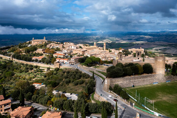 Aerial view of Montalcino and the valley Val d'Orcia Crete Province of Siena Tuscany Italy