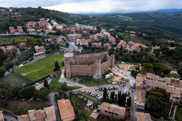 Obraz premium Aerial view of Montalcino and the valley Val d'Orcia Crete Province of Siena Tuscany Italy