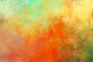 Green and red textured summer color smoke background abstract painted texture with colorful pattern and orange and yellow paint splash in bright canvas backdrop
