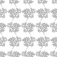 Seamless pattern graphic branch black color with leaves line art on a white background. For packaging, textiles, advertising