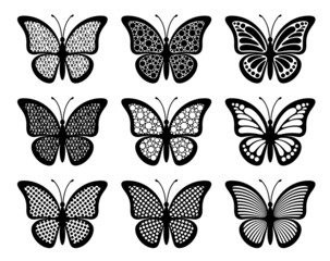 Set of contours of butterflies with different wings isolated on a white background. Silhouette of butterfly is perfect for stickers, icons, business cards and gift certificates
