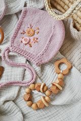 Hobbies and handicrafts. Knitted beanie with handmade embroidery. Wooden toys, rattles, teethers, nipple holder. Baby development, fine motor skills. Children and newborn products and accessories.