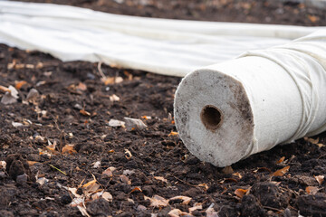 A roll of new geofabric is lying on the lawn. Landscaping of the park.