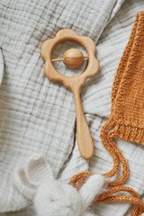 Hobbies and handicrafts. Knitted beanie with handmade embroidery. Wooden toys, rattles, teethers, nipple holder. Baby development, fine motor skills. Children and newborn products and accessories.